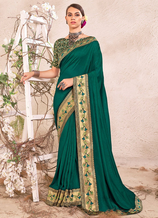 Classic Vichitra Silk Teal Jacquard Work Saree