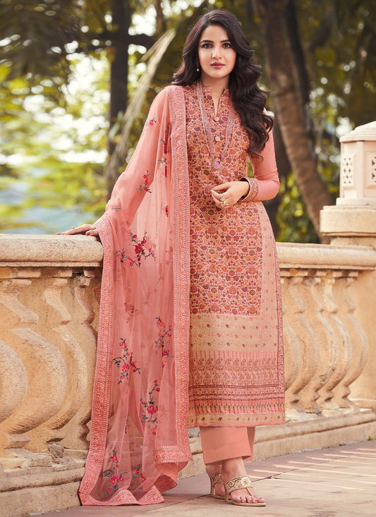 Bollywood Replica Salwar Kameez Viscose Peach Jacquard Work Salwar Kameez