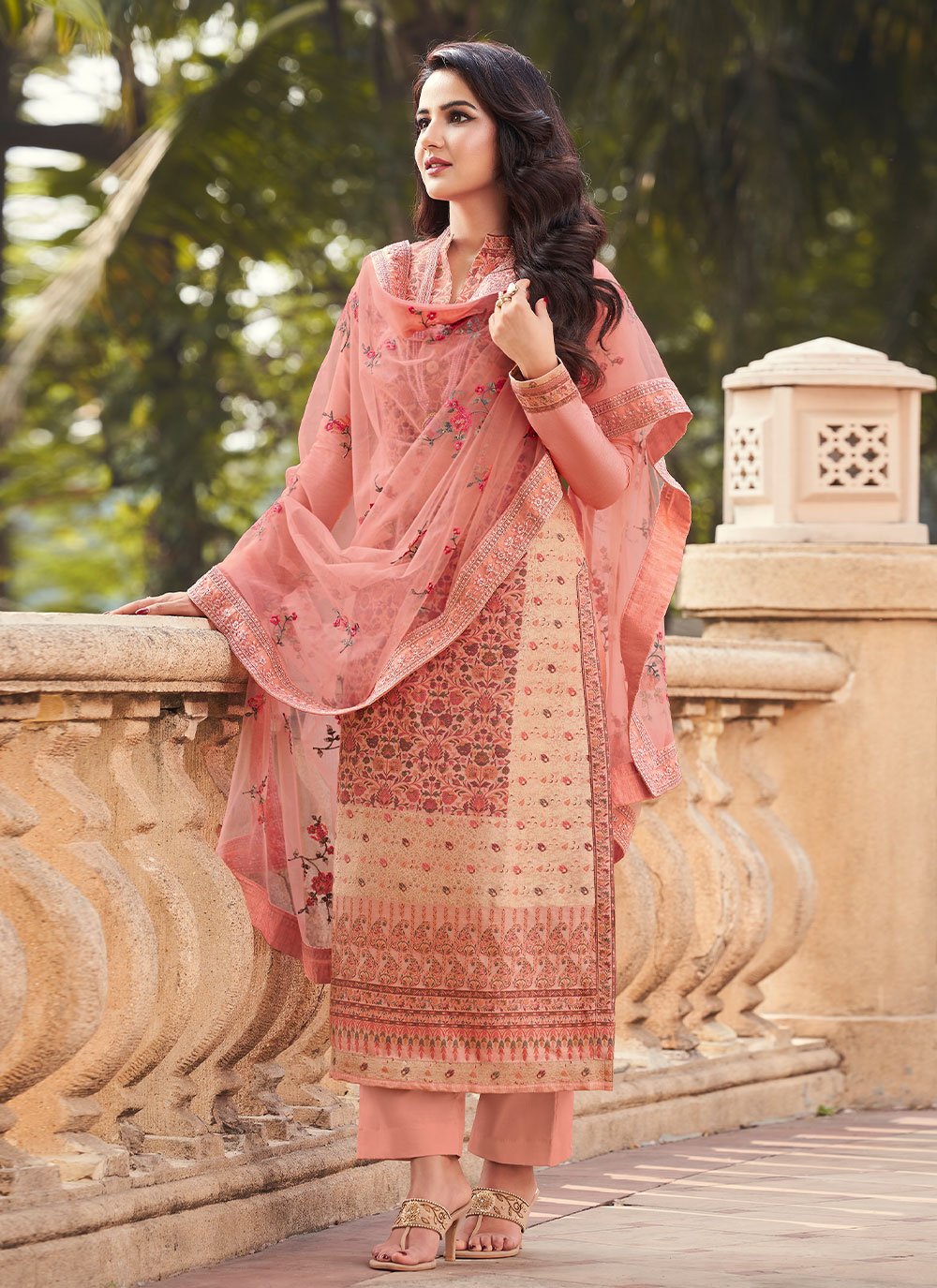 Bollywood Replica Salwar Kameez Viscose Peach Jacquard Work Salwar Kameez