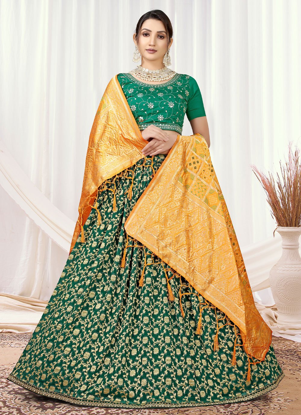 Lehenga Choli Viscose Green Jacquard Work Lehenga Choli