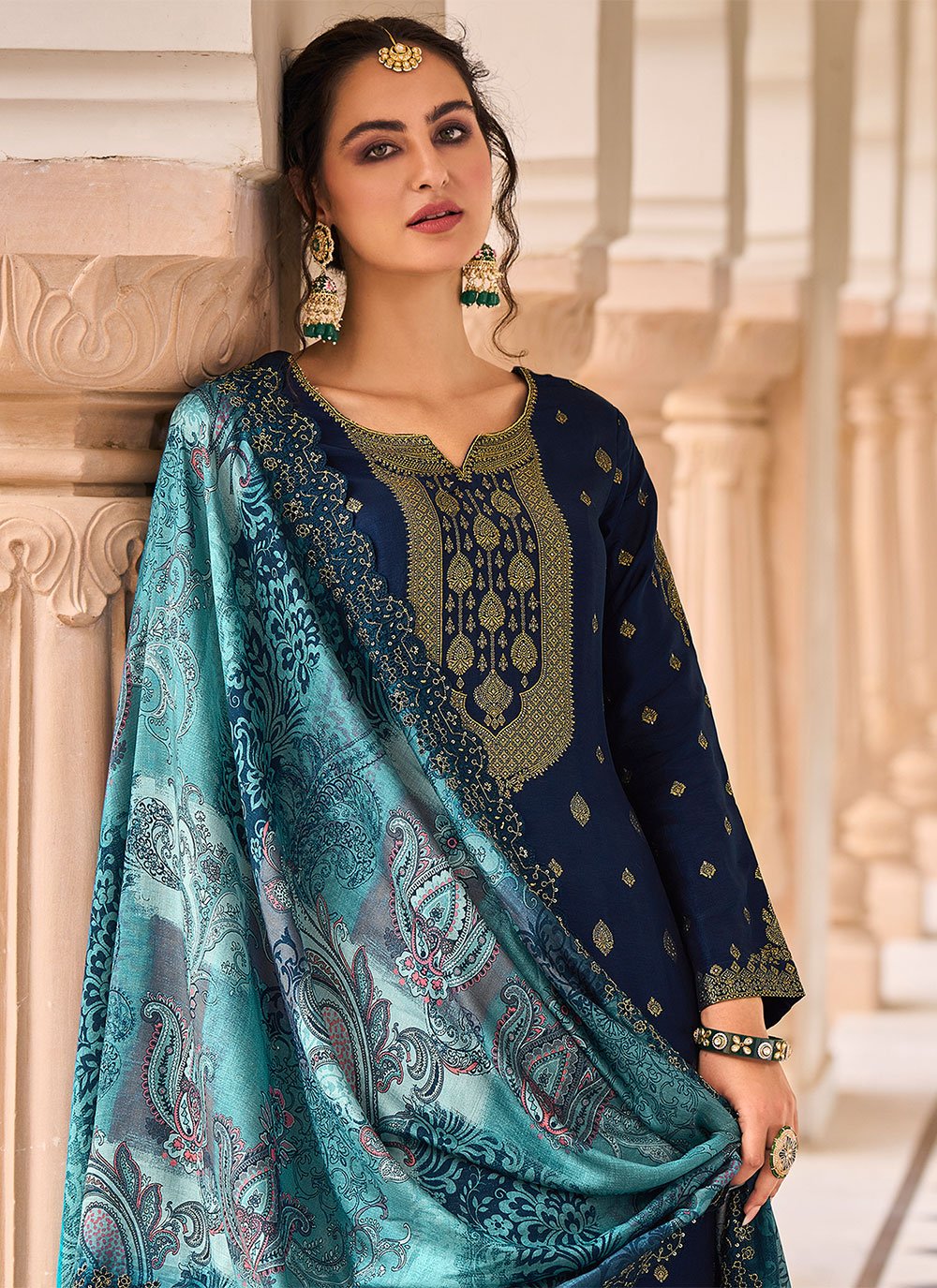 Trendy Suit Silk Blue Jacquard Work Salwar Kameez