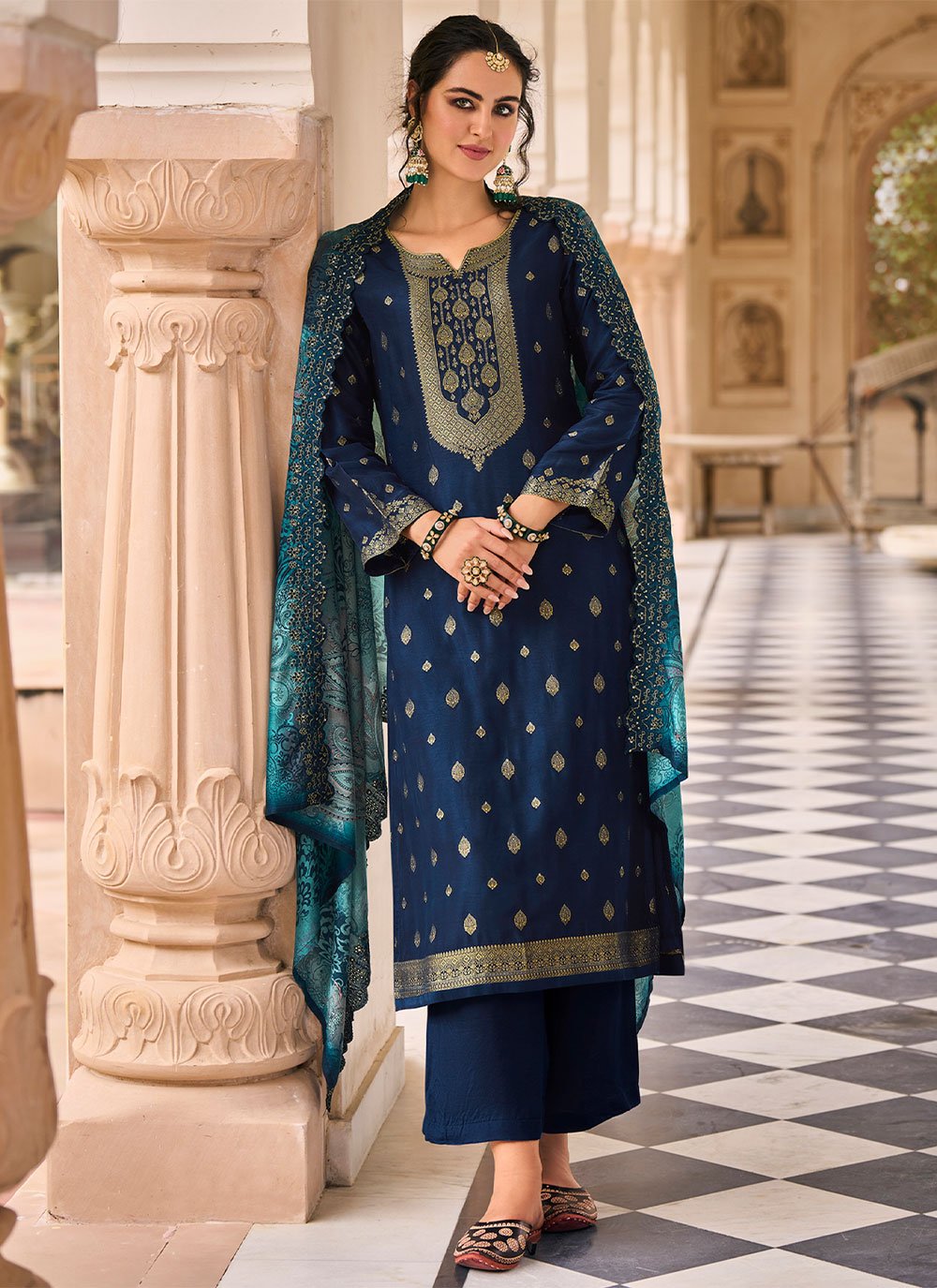 Trendy Suit Silk Blue Jacquard Work Salwar Kameez