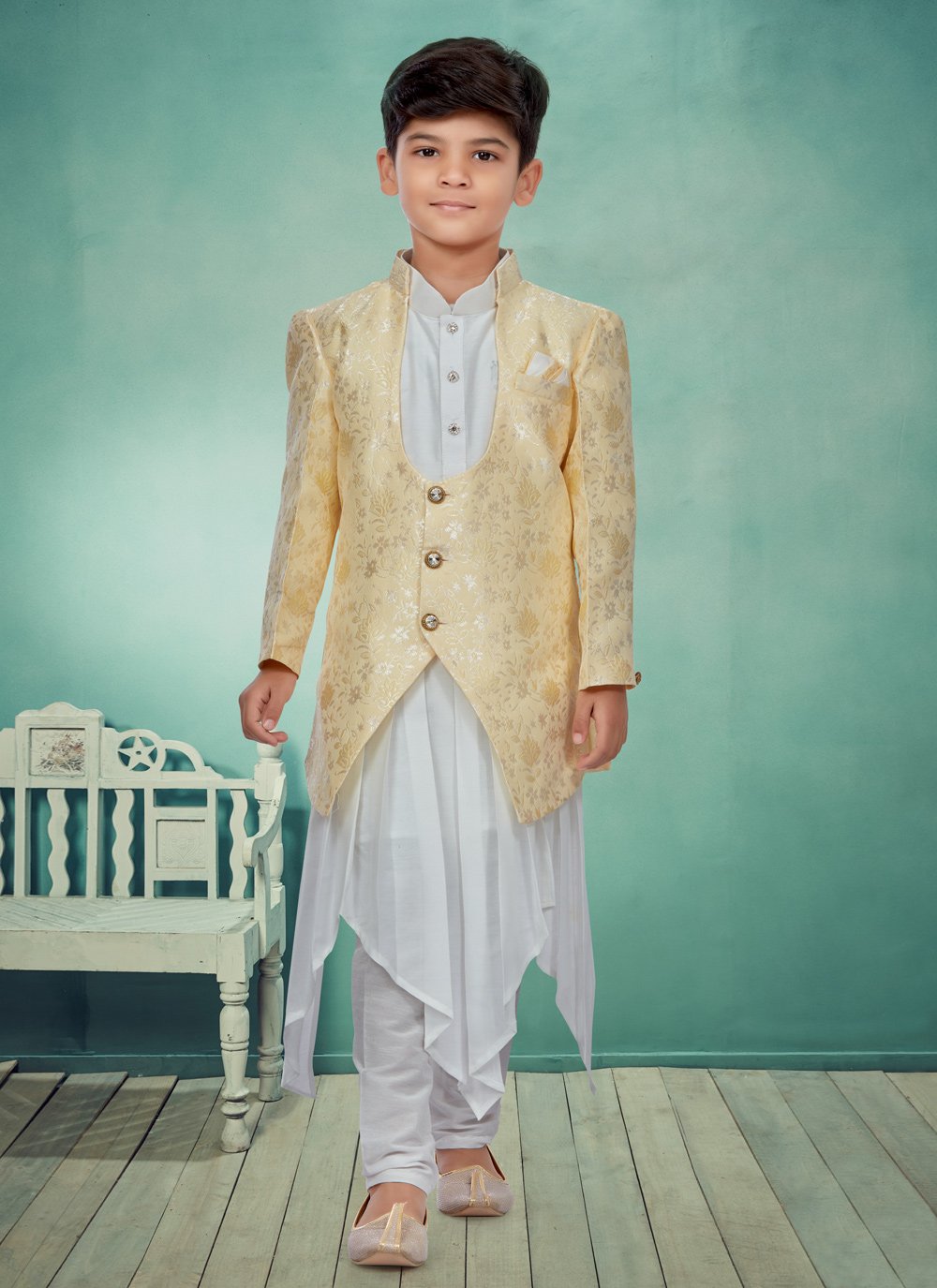 Kurta Payjama With Jacket Silk Off White Yellow Jacquard Work Kids