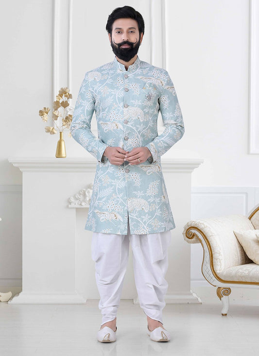 Indo Western Jacquard Blue Woven Mens