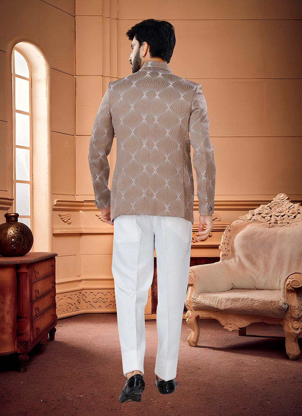 Jodhpuri Suit Jacquard Brown Woven Mens Kajols Indian Pakistani Fashion Tailoring