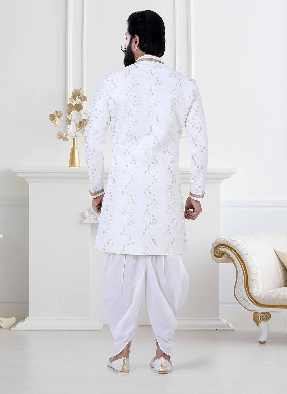 Indo Western Jacquard White Woven Mens