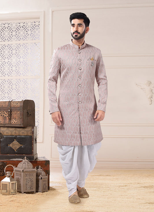 Indo Western Sherwani Jacquard Pink Embroidered Mens