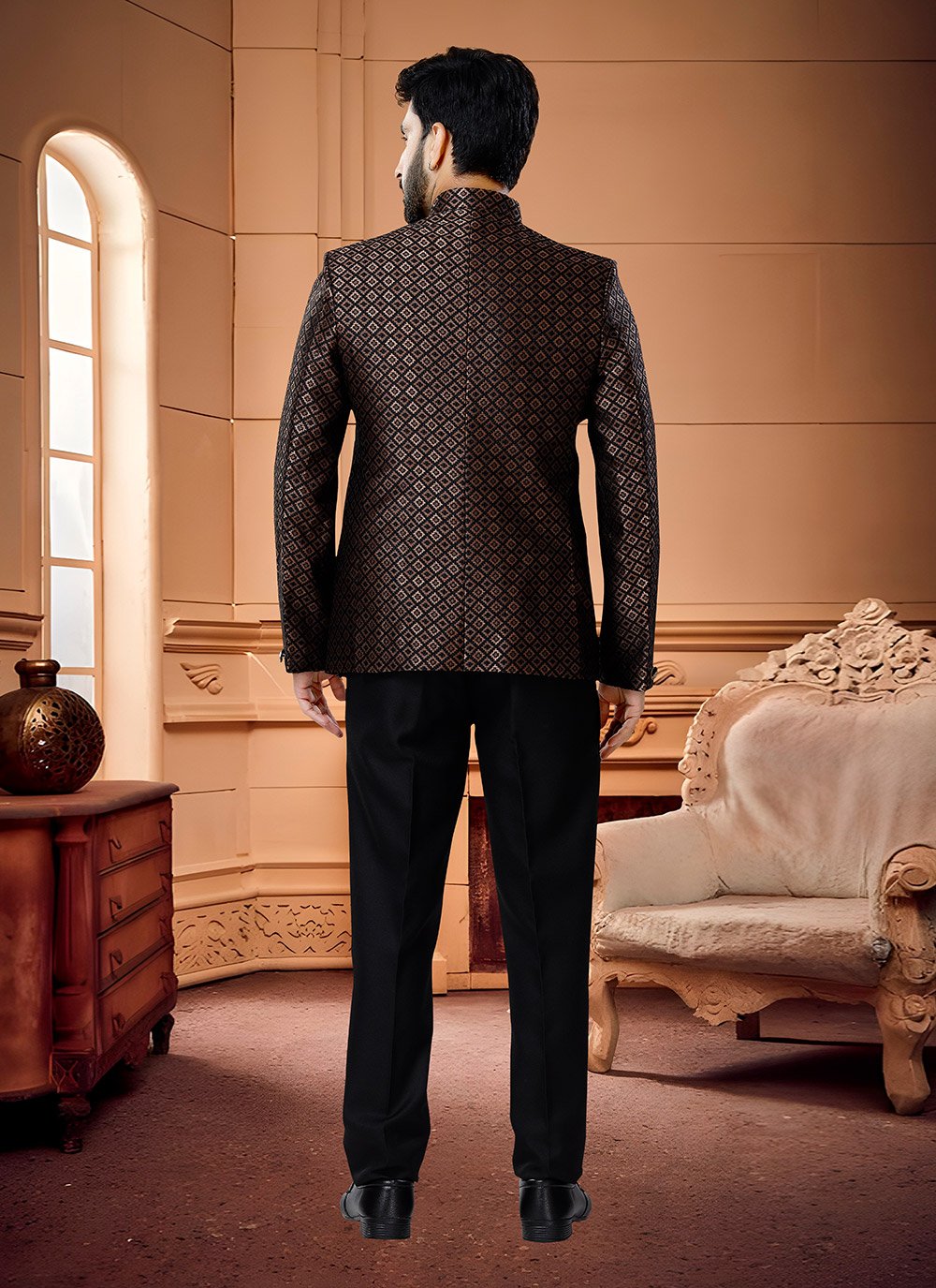 Jodhpuri Suit Jacquard Black Thread Mens Kajols Indian Pakistani Fashion Tailoring