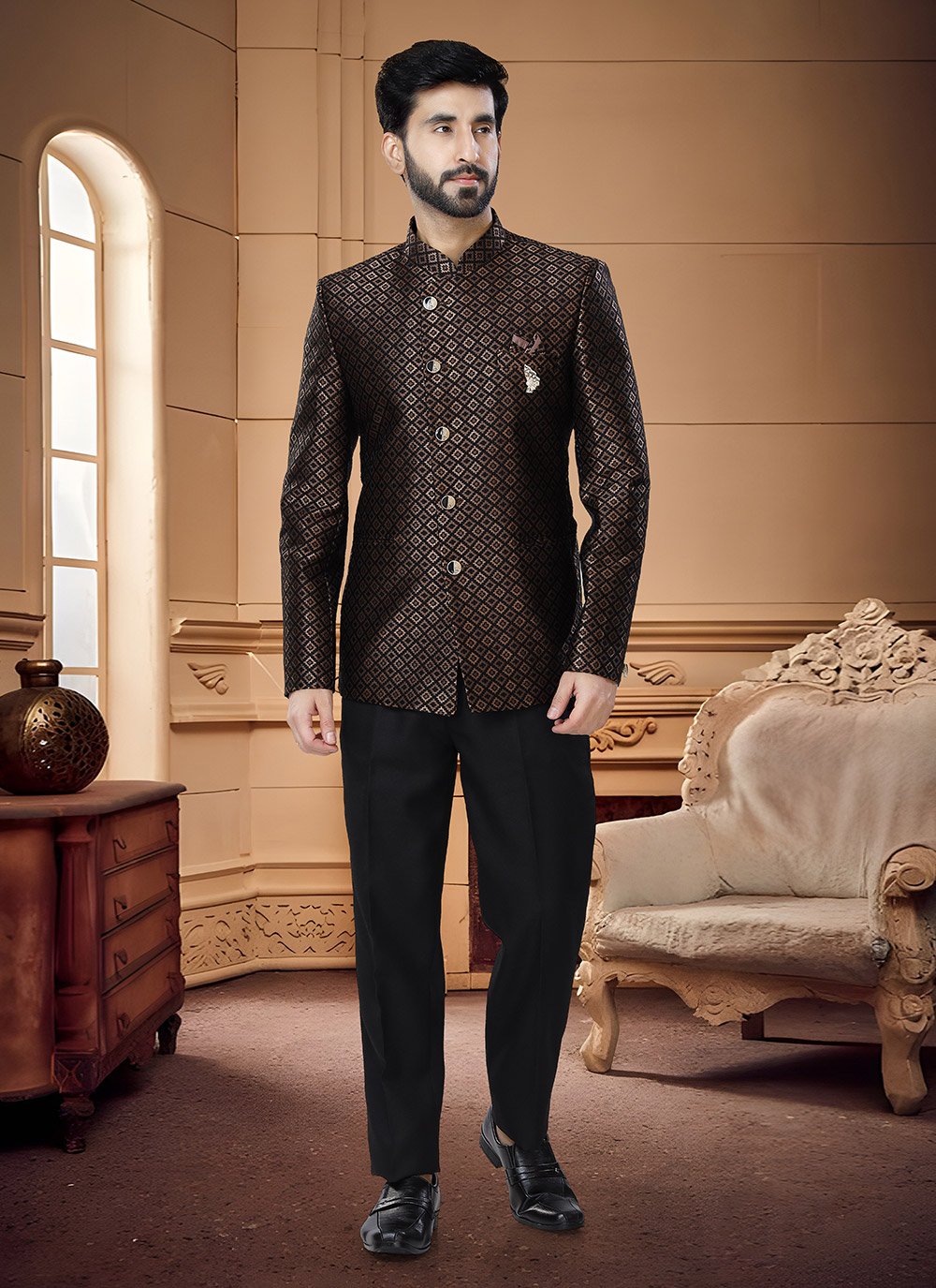 Jodhpuri Suit Jacquard Black Thread Mens