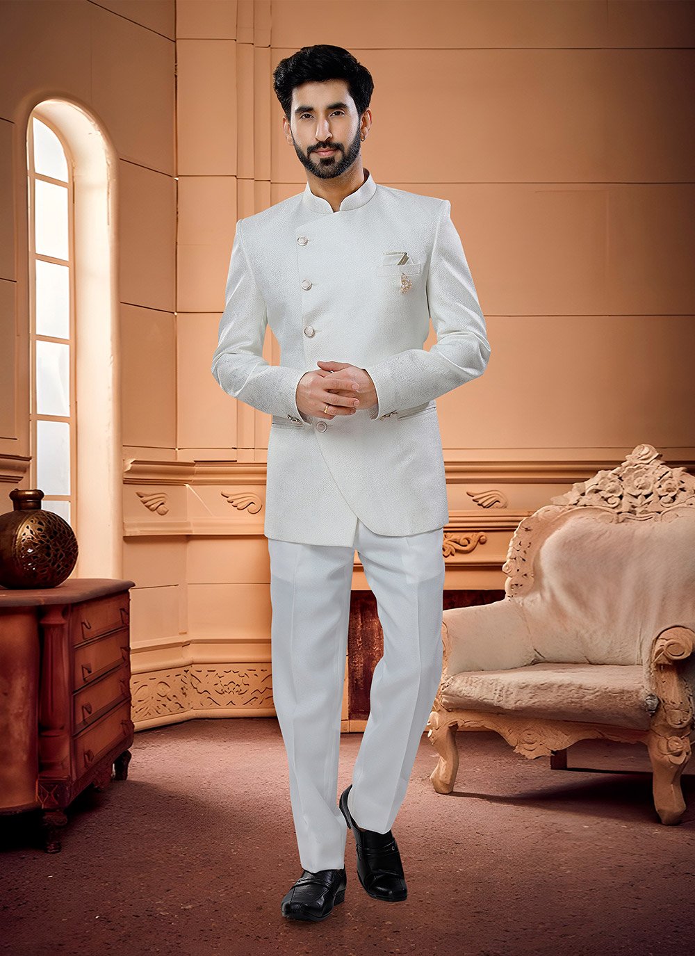 Jodhpuri Suit Jacquard White Woven Mens