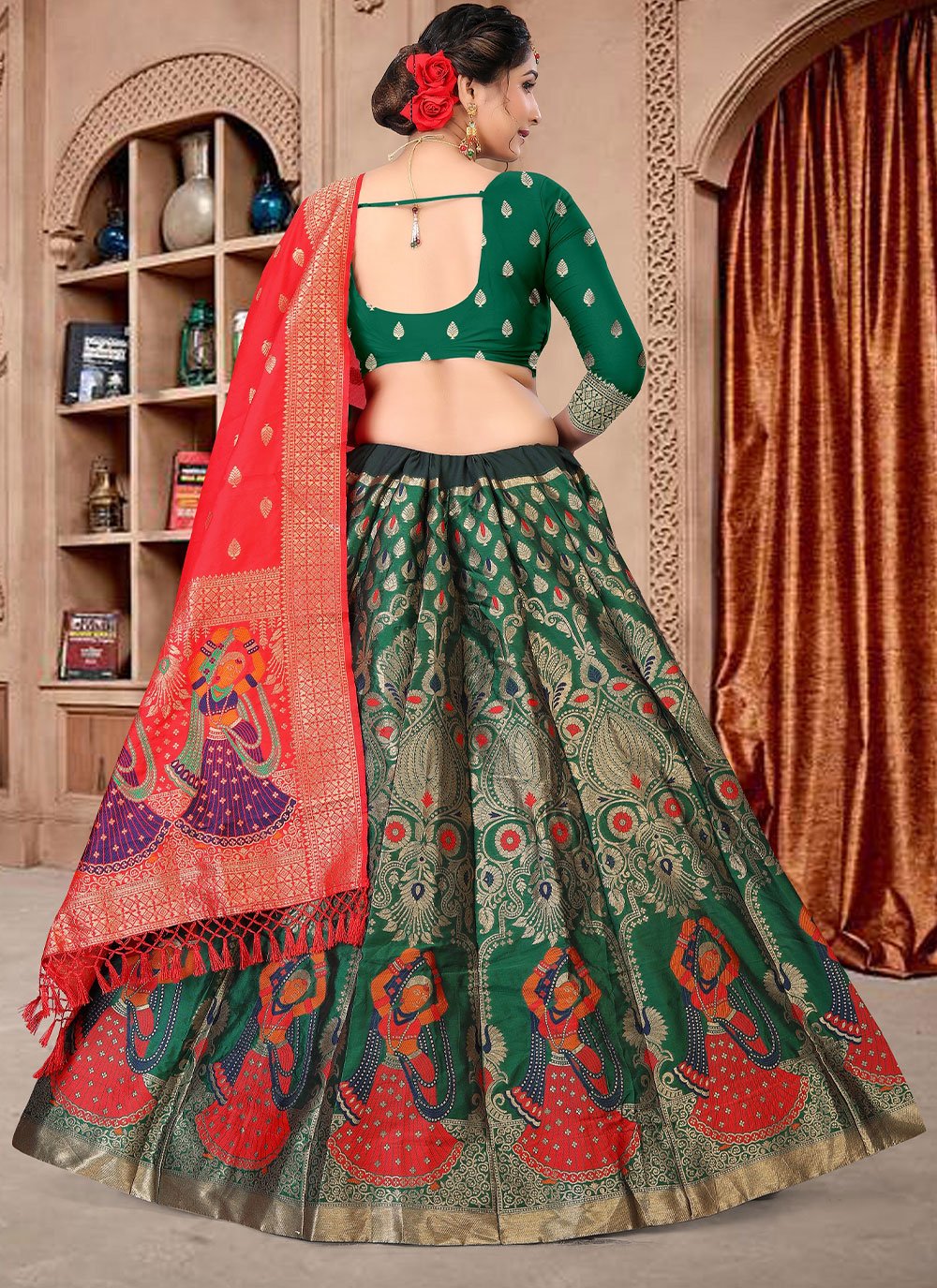 Lehenga Choli Jacquard Green Woven Lehenga Choli