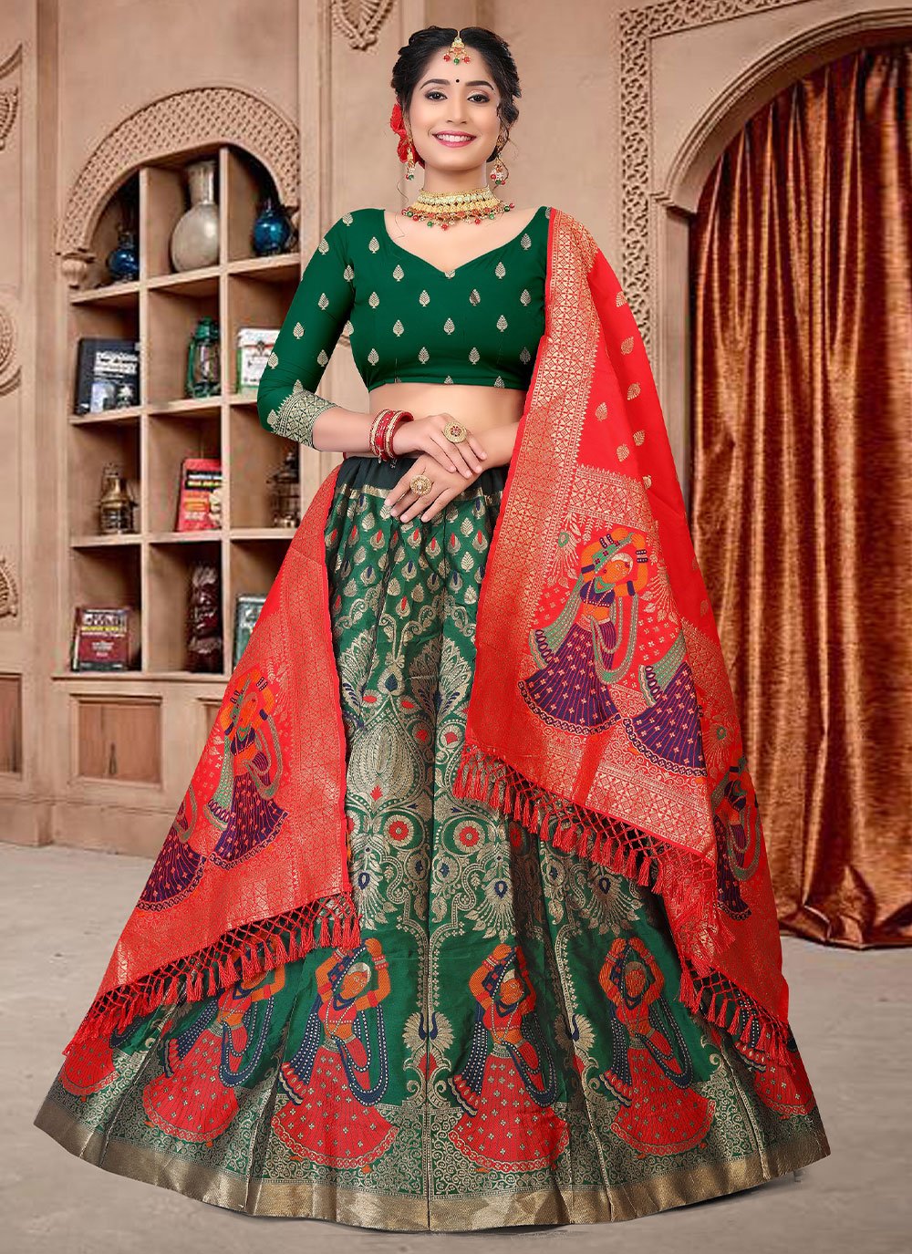 Lehenga Choli Jacquard Green Woven Lehenga Choli