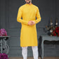 Kurta Pyjama Cotton Jacquard Yellow Fancy Work Mens