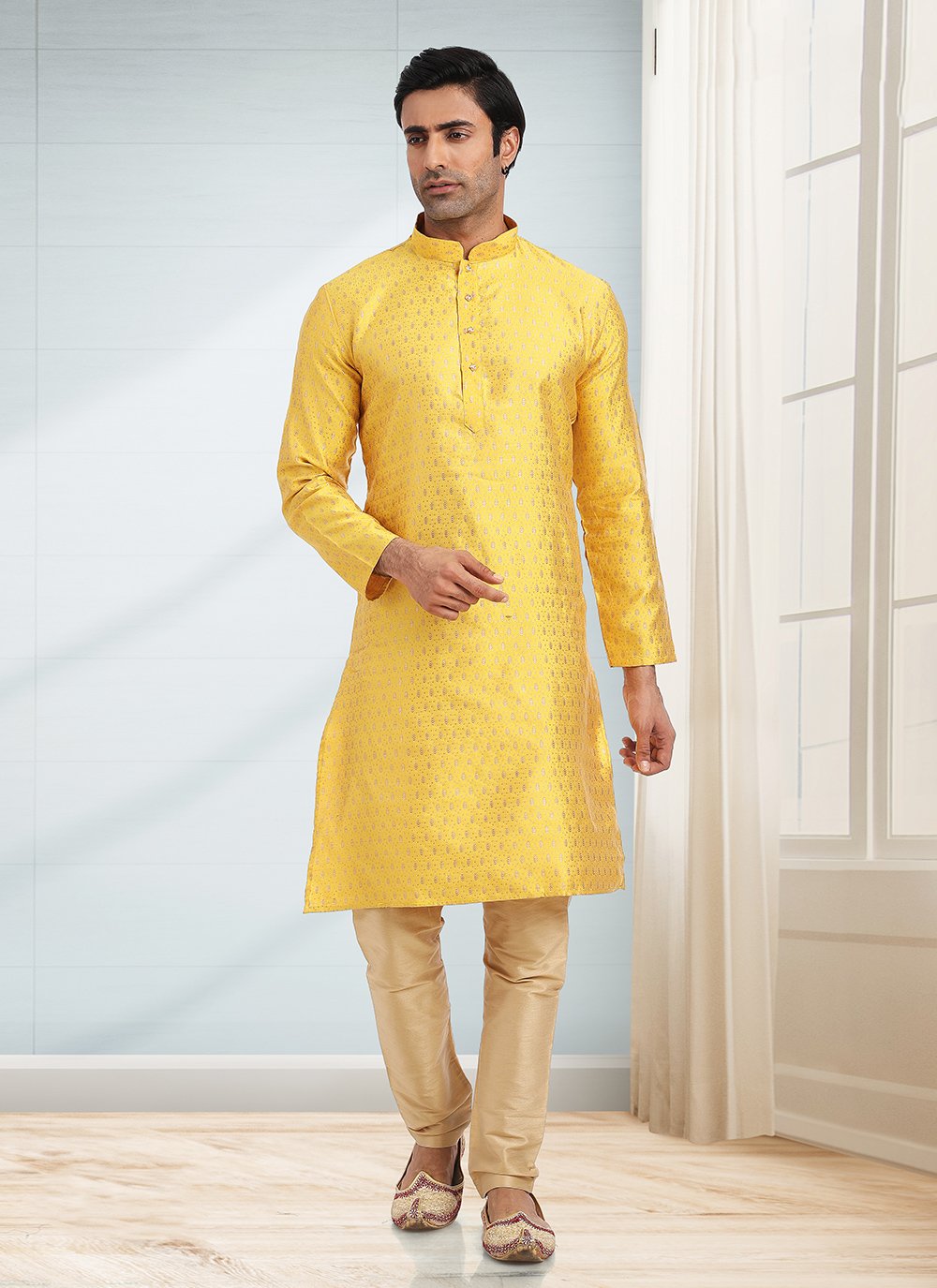 Kurta Pyjama Jacquard Yellow Fancy Work Mens