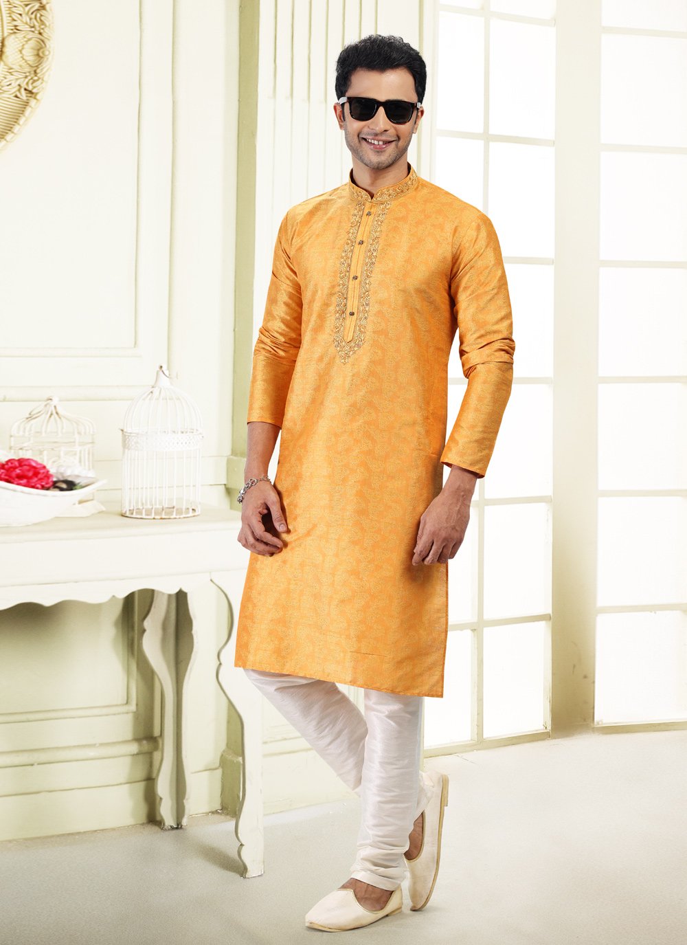 Kurta Pyjama Banarasi Silk Jacquard Yellow Fancy Work Mens