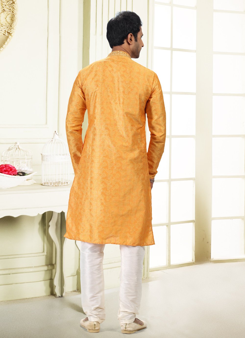 Kurta Pyjama Banarasi Silk Jacquard Yellow Fancy Work Mens