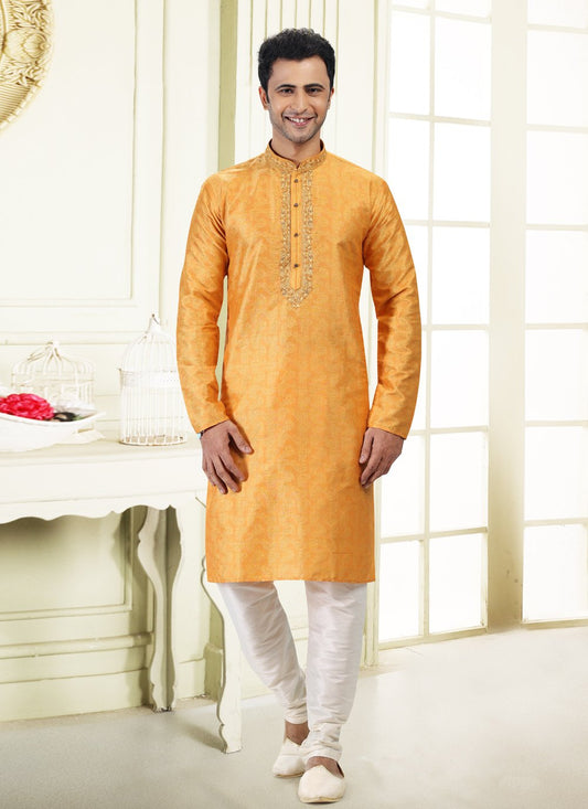 Kurta Pyjama Banarasi Silk Jacquard Yellow Fancy Work Mens
