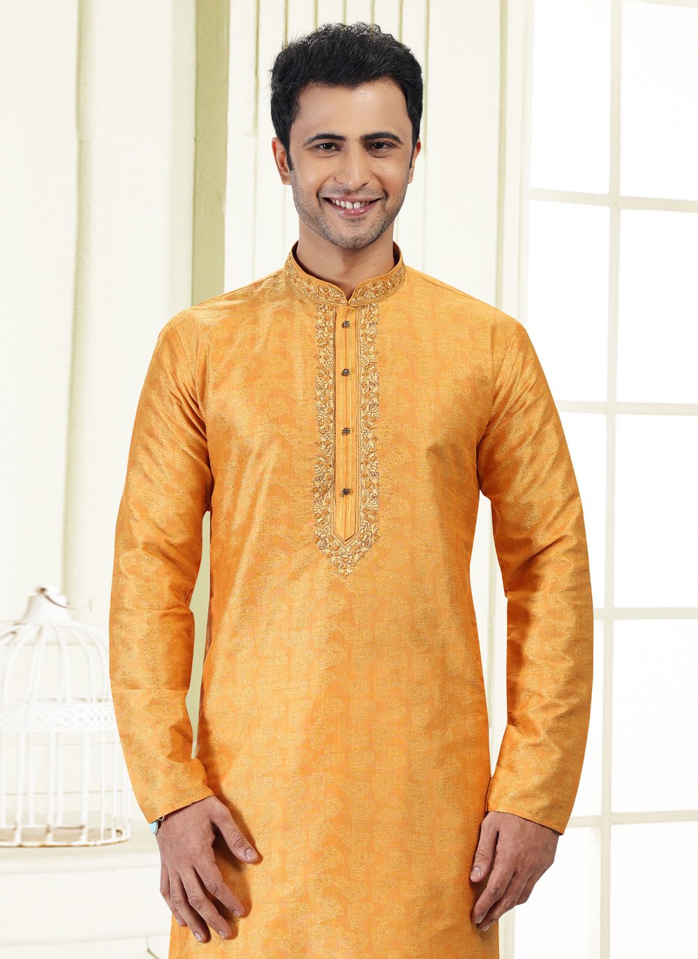 Kurta Pyjama Banarasi Silk Jacquard Yellow Fancy Work Mens