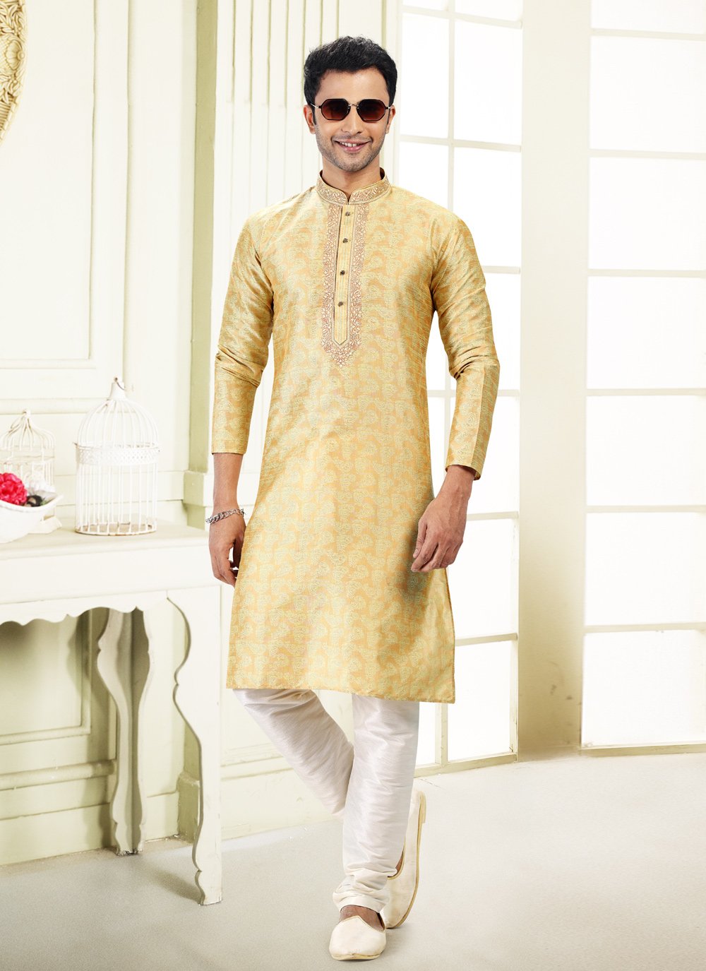 Kurta Pyjama Banarasi Silk Jacquard Yellow Fancy Work Mens