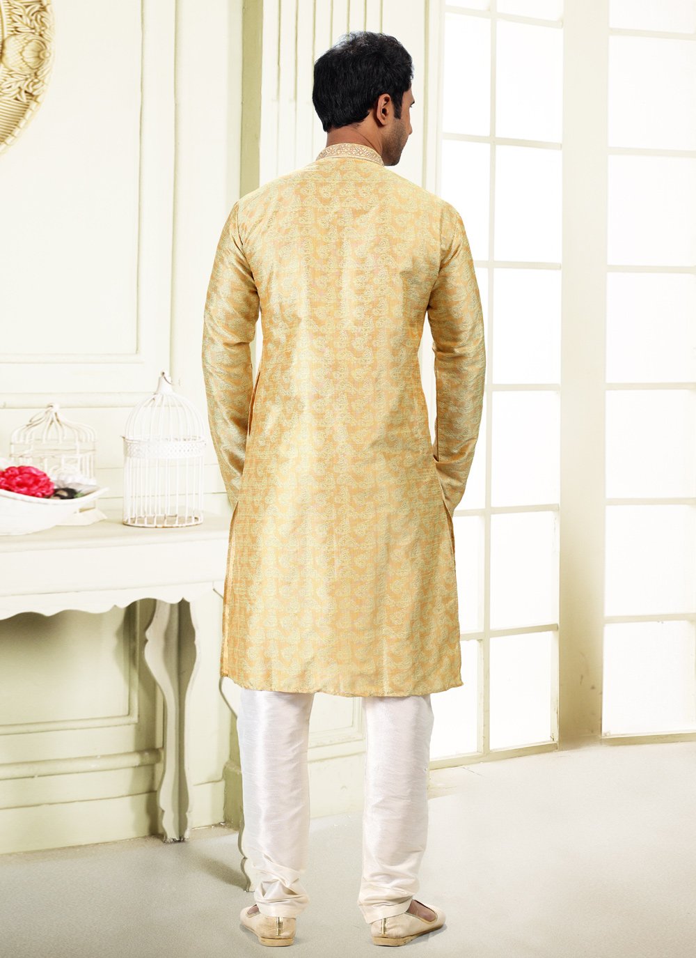 Kurta Pyjama Banarasi Silk Jacquard Yellow Fancy Work Mens