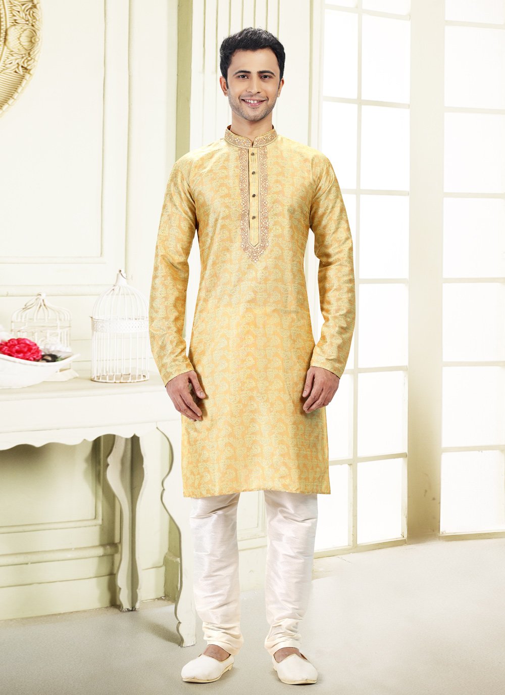 Kurta Pyjama Banarasi Silk Jacquard Yellow Fancy Work Mens