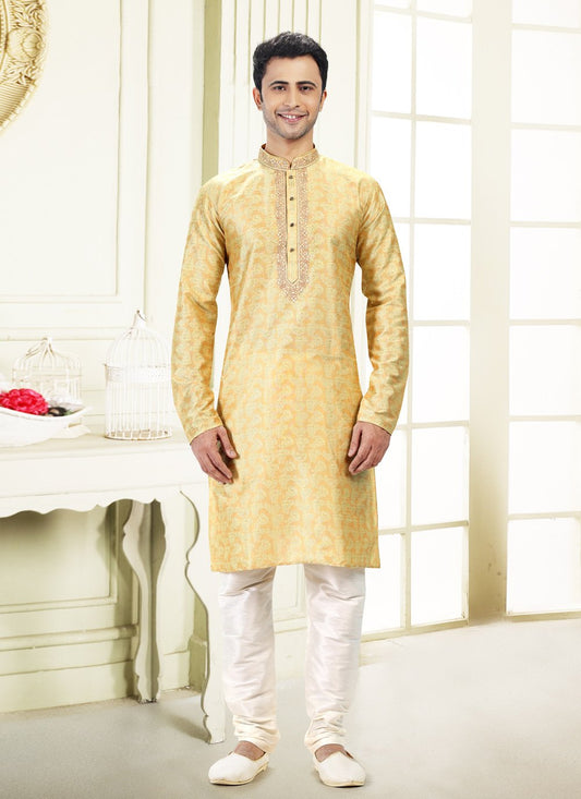 Kurta Pyjama Banarasi Silk Jacquard Yellow Fancy Work Mens