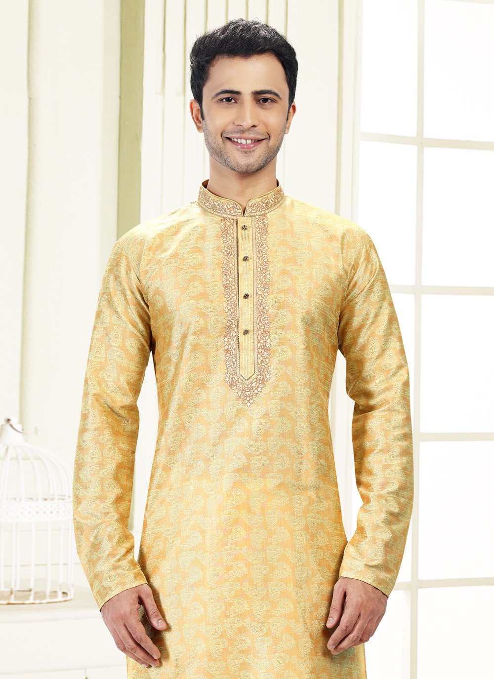 Kurta Pyjama Banarasi Silk Jacquard Yellow Fancy Work Mens