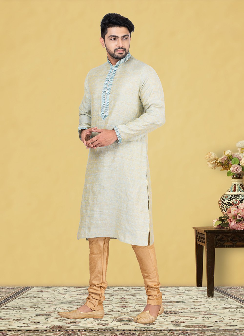 Kurta Pyjama Jamawar Silk Cream Fancy Work Mens