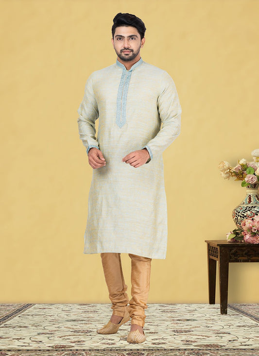 Kurta Pyjama Jamawar Silk Cream Fancy Work Mens