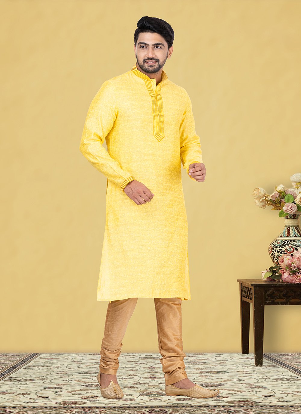 Kurta Pyjama Jamawar Silk Yellow Fancy Work Mens