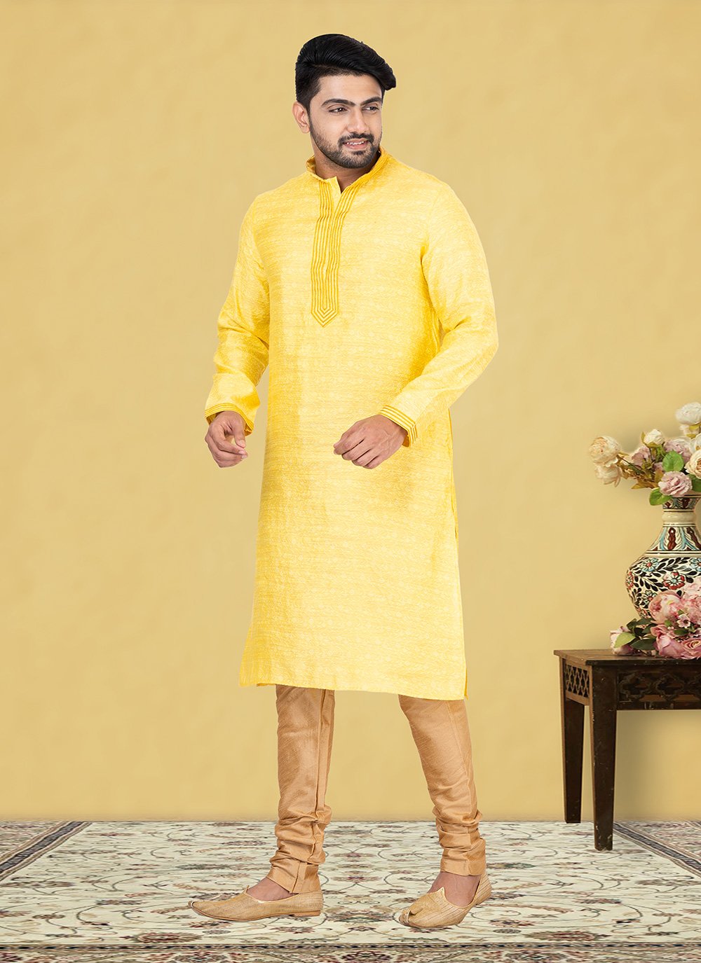 Kurta Pyjama Jamawar Silk Yellow Fancy Work Mens