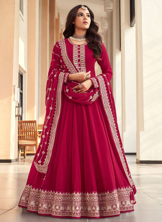 Floor Lenght Salwar Suit Georgette Hot Pink Embroidered Salwar Kameez