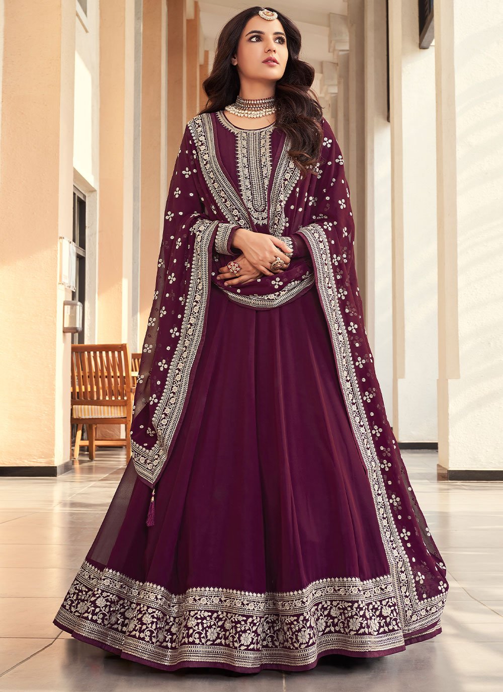 Anarkali Suit Georgette Purple Embroidered Salwar Kameez