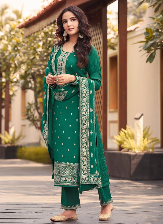 Straight Salwar Suit Silk Green Embroidered Salwar Kameez
