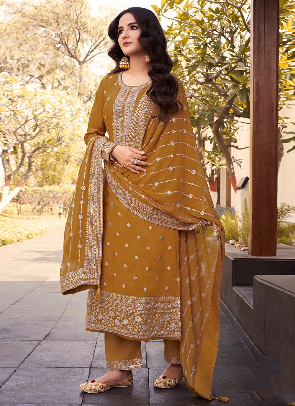 Bollywood Replica Salwar Kameez Silk Mustard Embroidered Salwar Kameez