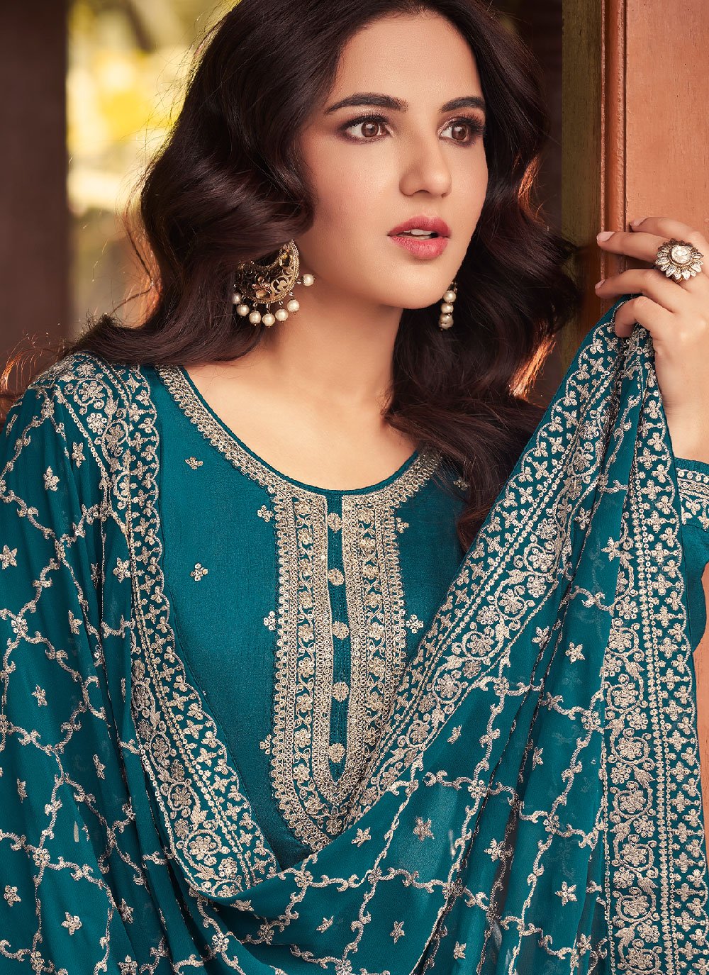 Salwar Suit Silk Teal Embroidered Salwar Kameez