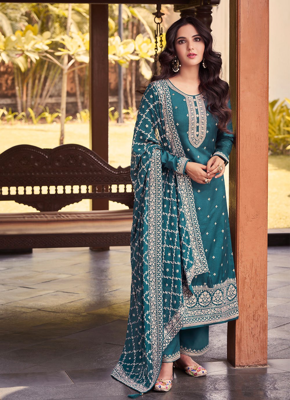 Salwar Suit Silk Teal Embroidered Salwar Kameez