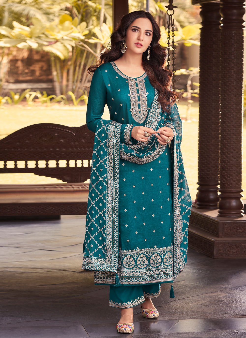 Salwar Suit Silk Teal Embroidered Salwar Kameez