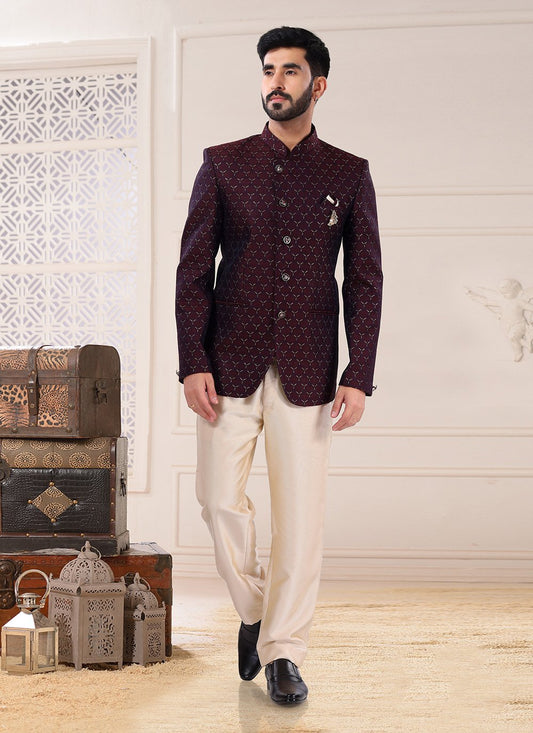 Jodhpuri Suit Jacquard Maroon Embroidered Mens