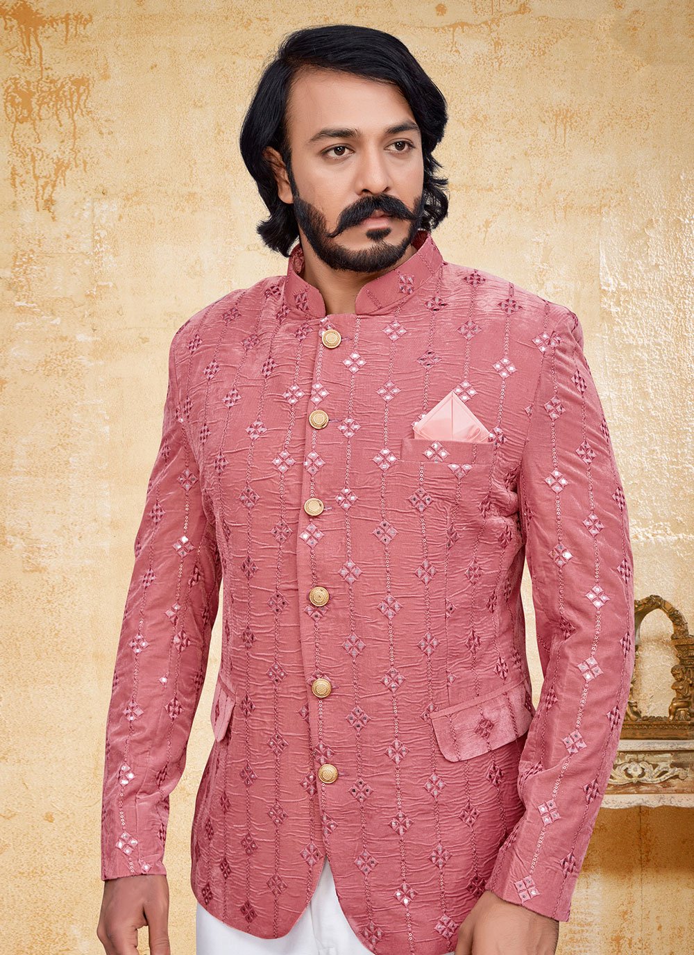 Jodhpuri Suit Velvet Pink Embroidered Mens