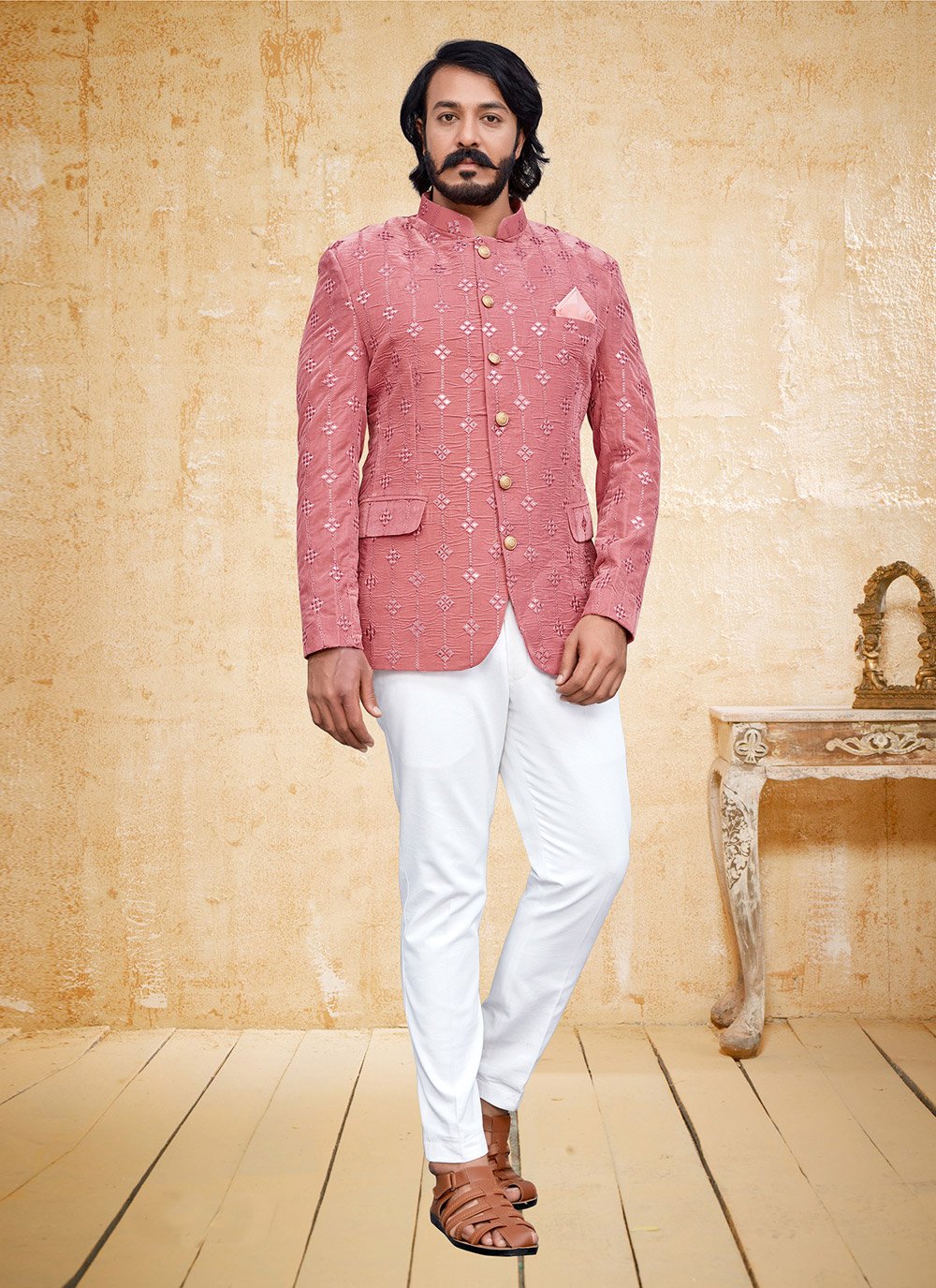 Jodhpuri Suit Velvet Pink Embroidered Mens