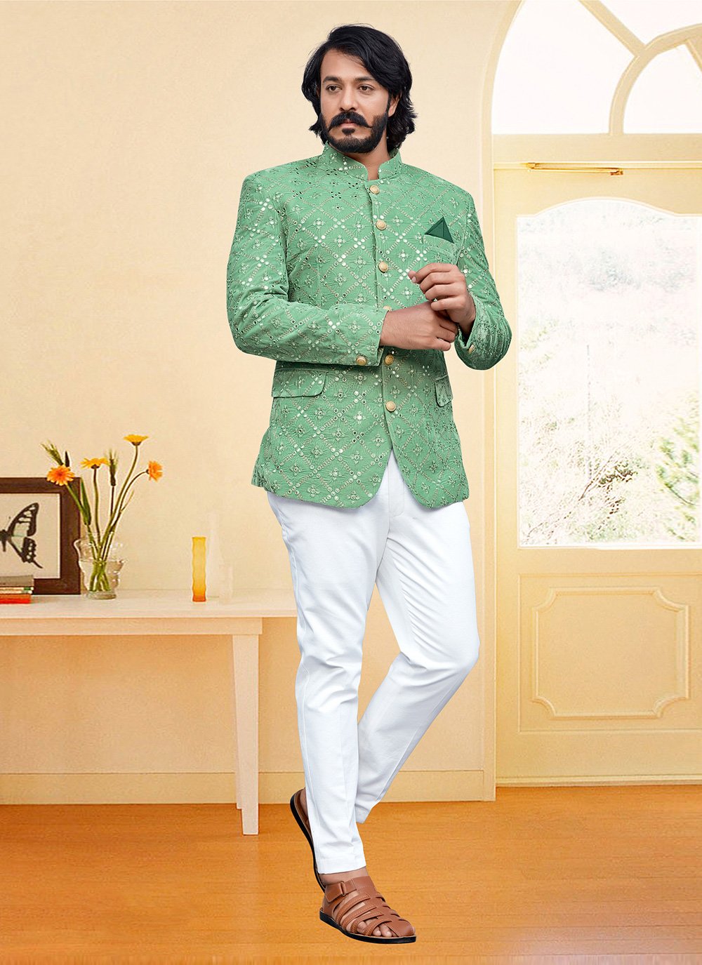 Jodhpuri Suit Velvet Green Embroidered Mens