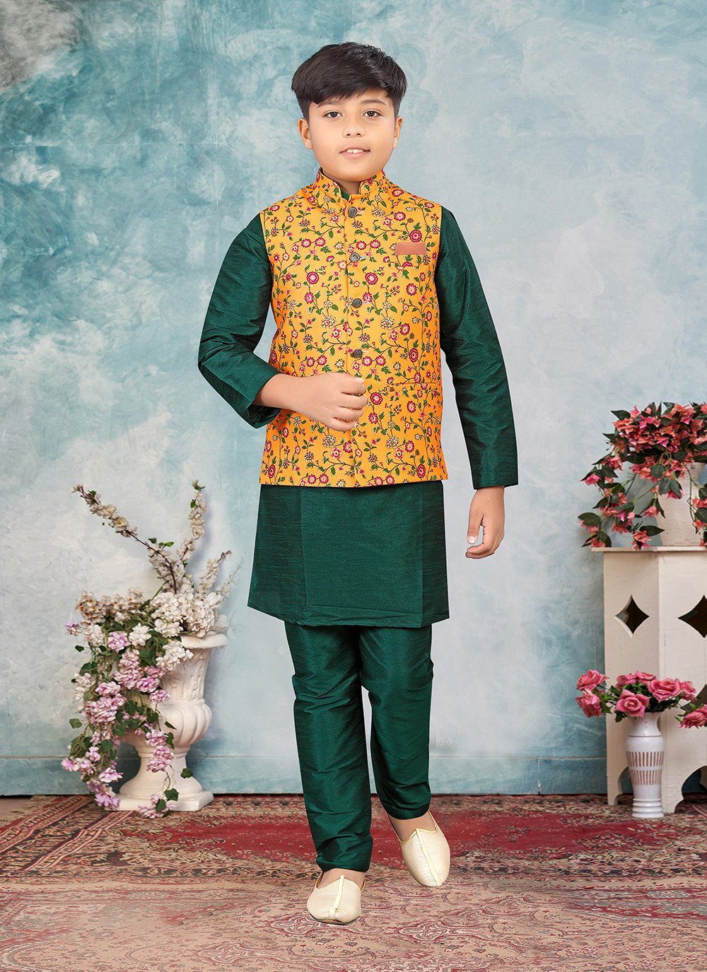 Kurta Payjama With Jacket Jute Silk Green Mustard Digital Print Kids