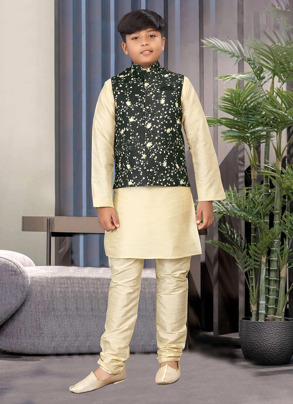 Kurta Payjama With Jacket Jute Silk Cream Green Digital Print Kids