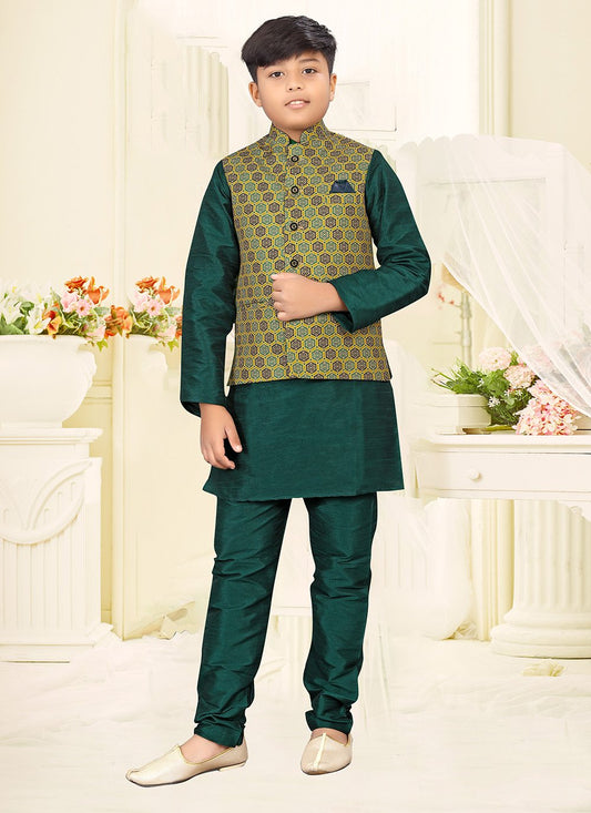 Kurta Payjama With Jacket Jute Silk Green Multi Colour Digital Print Kids