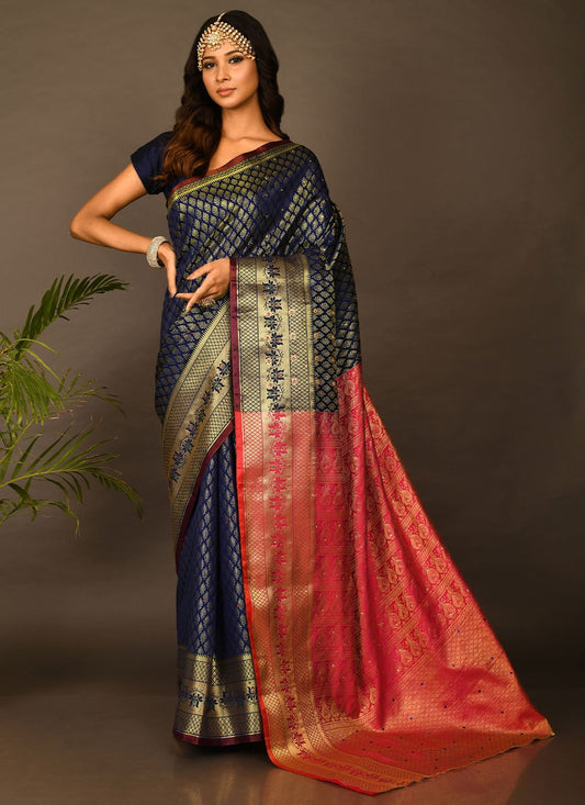 Silk Saree Kanchipuram Silk Blue Embroidered Saree