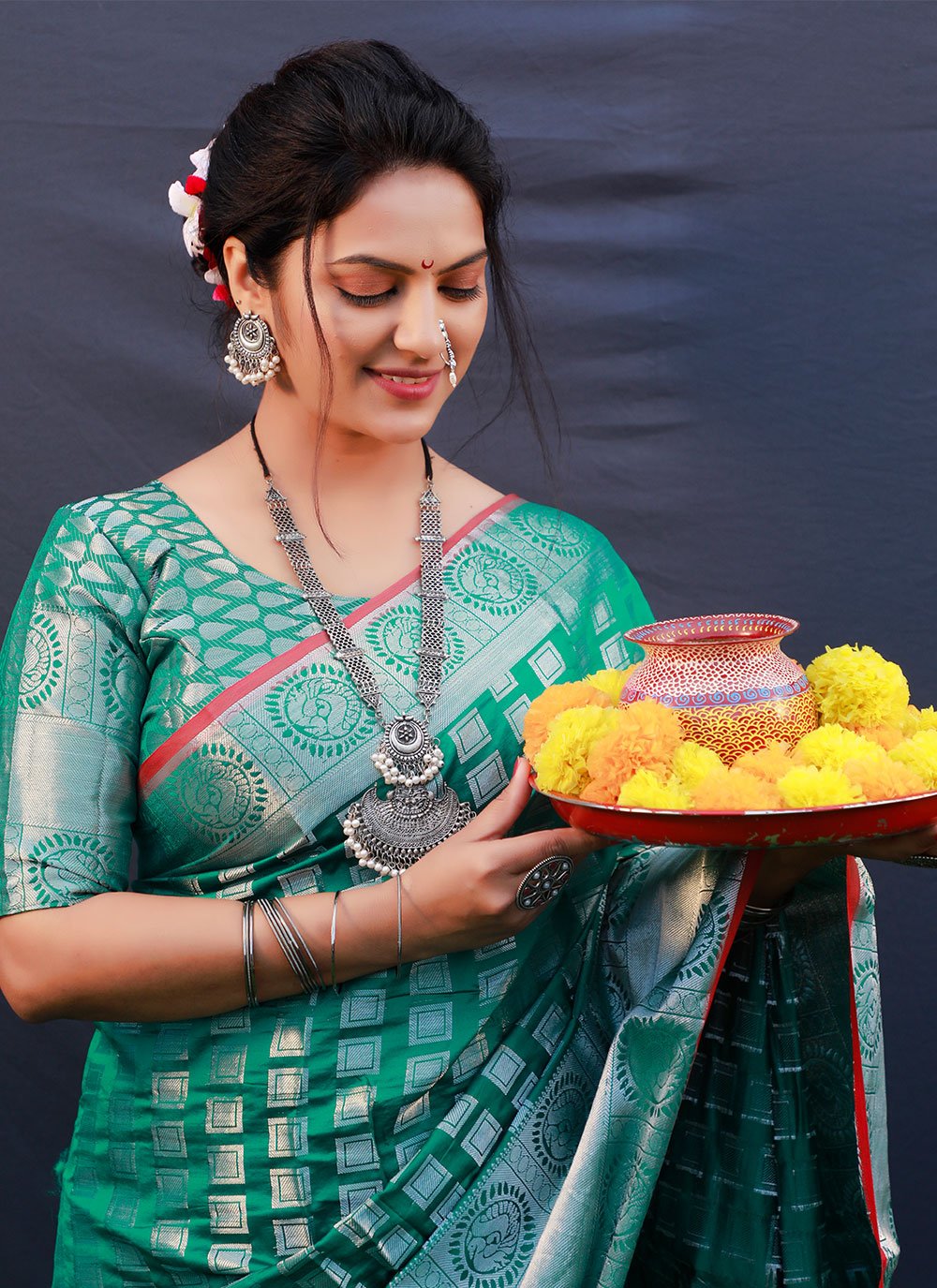 Classic Kanchipuram Silk Green Rama Jacquard Work Saree