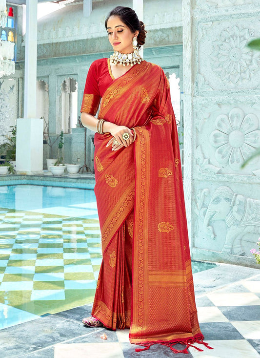 Classic Kanchipuram Silk Orange Woven Saree