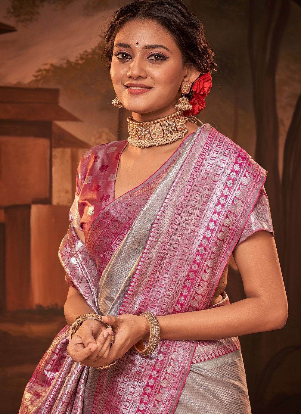 Trendy Saree Kanchipuram Silk Grey Pink Weaving Saree