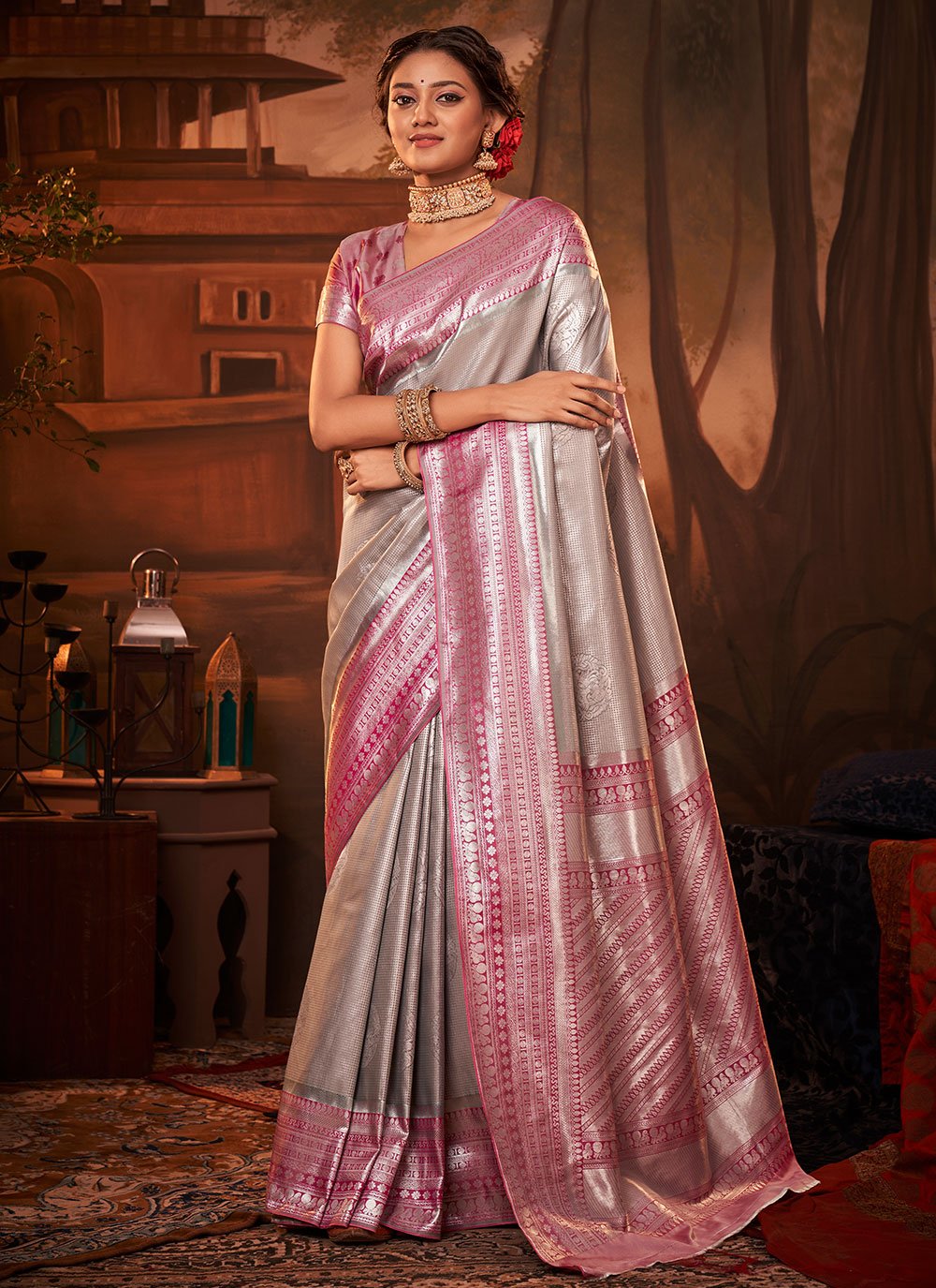 Trendy Saree Kanchipuram Silk Grey Pink Weaving Saree